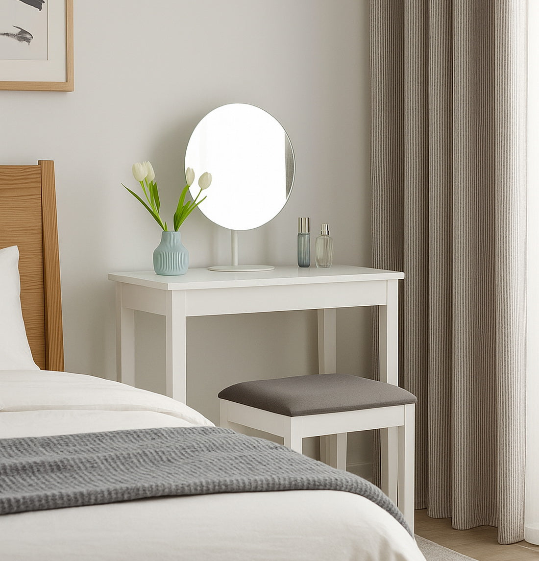 Tabouret de coiffeuse avec assise rembourrée, en bois blanc, coussin gris