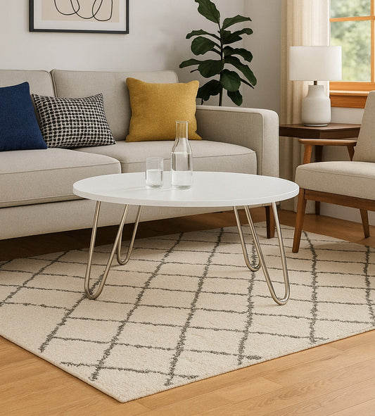 Table basse ronde Brockton en bois composite, blanc/chrome