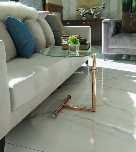 Table d'appoint/de chevet/pour ordinateur portable en verre transparent - Table ronde réglable Zen, base en cuivre