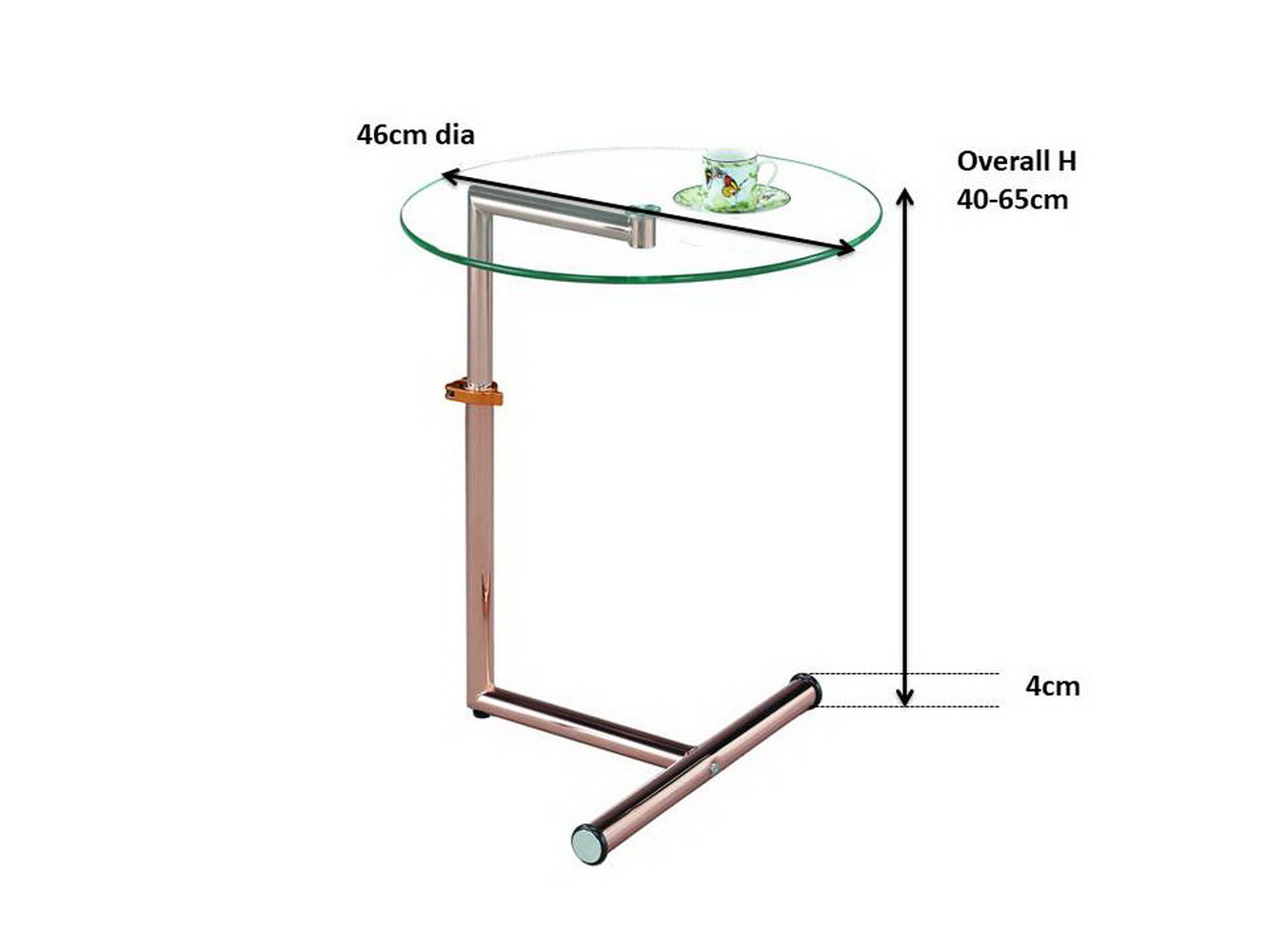 Table d'appoint/de chevet/pour ordinateur portable en verre transparent - Table ronde réglable Zen, base en cuivre