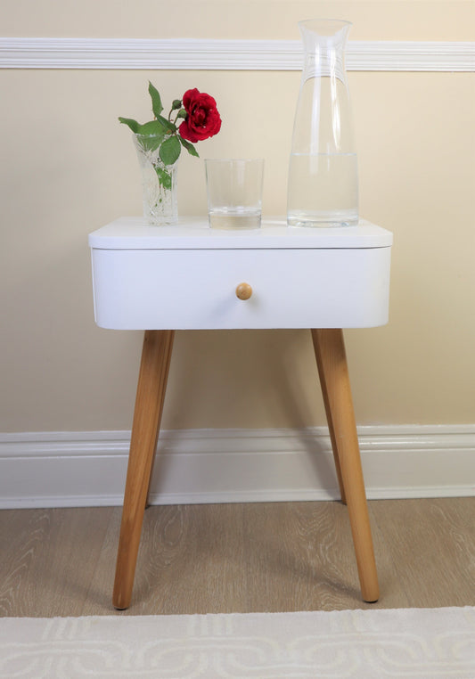 Table de chevet bicolore Gina, style moderne du milieu du siècle, blanche