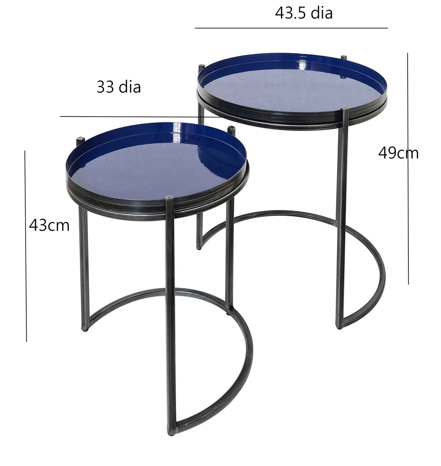 Ensemble de 2 tables gigognes Hannah avec plateau rond en métal, gris/bleu