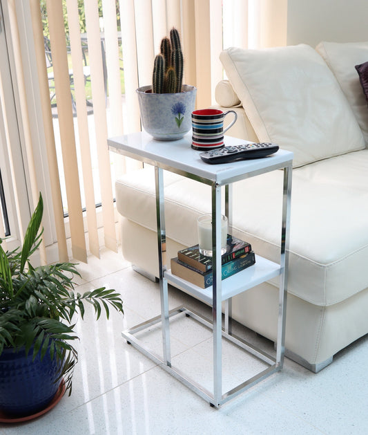 Table d'appoint Bellini en forme de C avec étagère - Blanche