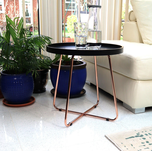 Table d'appoint ronde Sasha, plateau style plateau, noir/cuivre