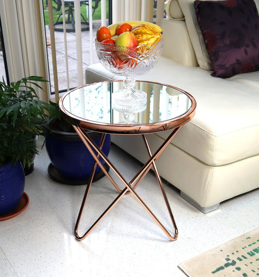 Table d'appoint/table basse ronde en verre Porto (cuivre/miroir)