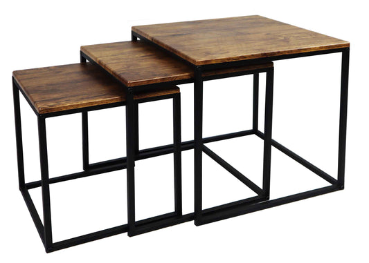 Ensemble de 3 tables gigognes Alana - Plateaux finition vintage / Pieds en acier noir