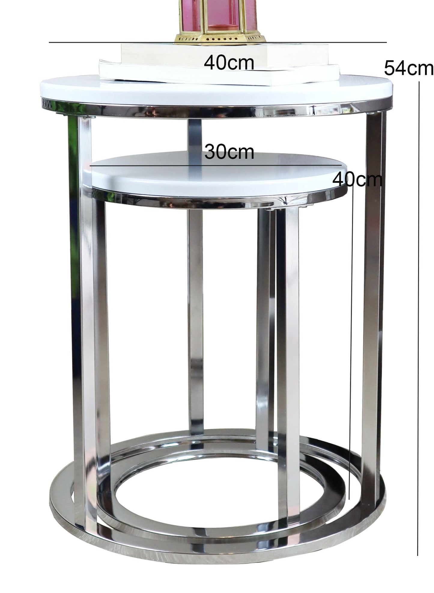 Ensemble de 2 tables gigognes rondes Paloma, plateaux blancs brillants et piètement chromé