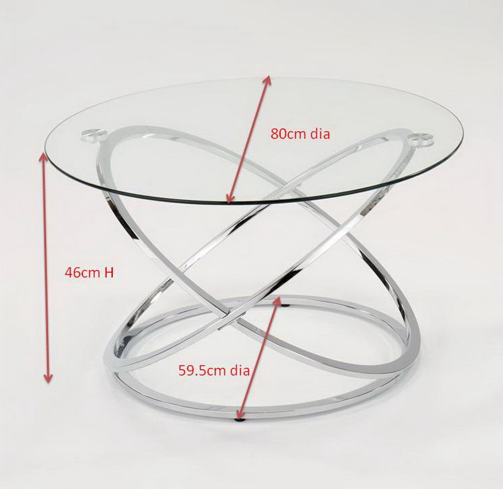 Table basse ronde Monarch en verre transparent avec piètement chromé