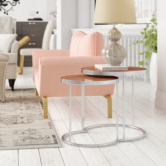 Ensemble de 2 tables gigognes rondes Visio - Plateau effet noyer / Structure chromée