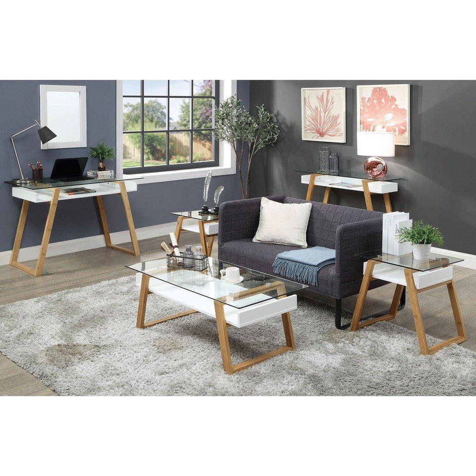 Table d'appoint Jensen, bois, bambou, verre blanc