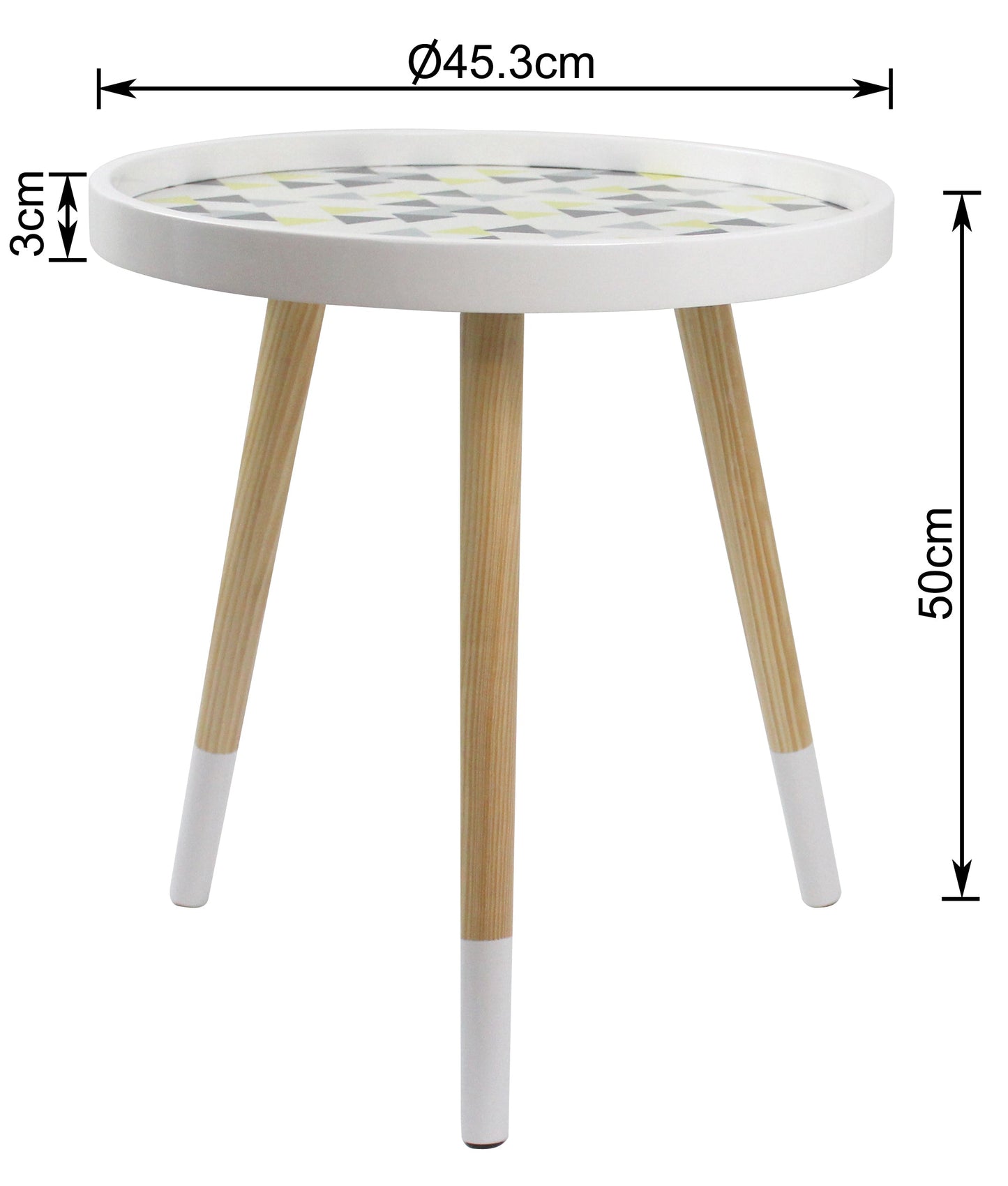 Table d'appoint Leonie - Plateau blanc à motif triangulaire multicolore et pieds naturels