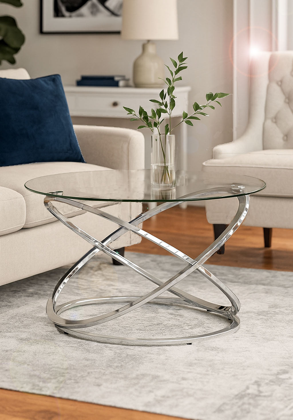 Table basse ronde Monarch en verre transparent avec piètement chromé