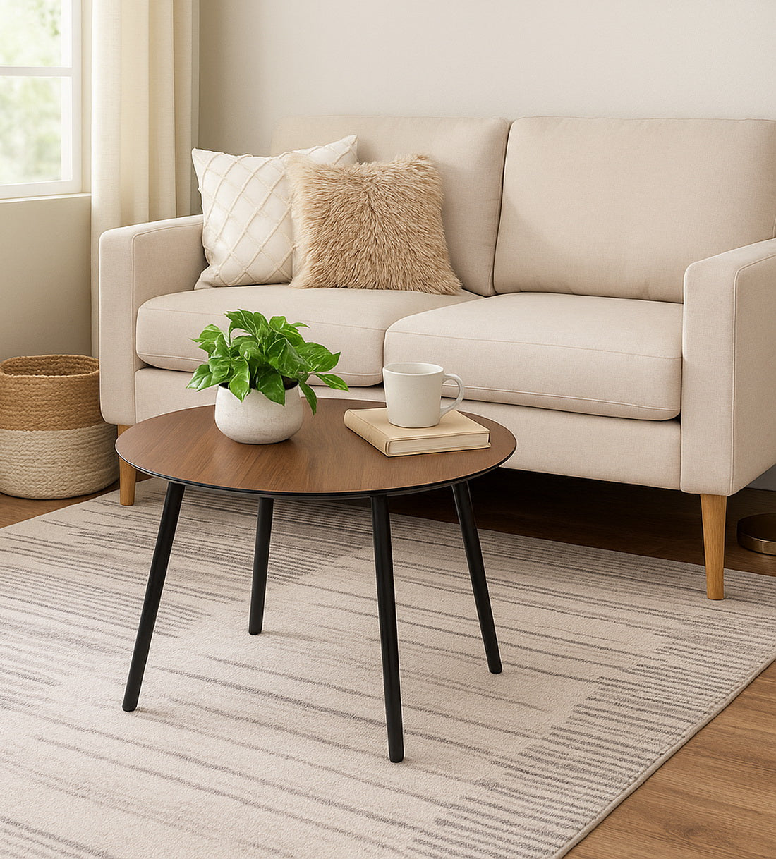 Table basse vintage Amy, plateau en placage noyer, pieds noirs