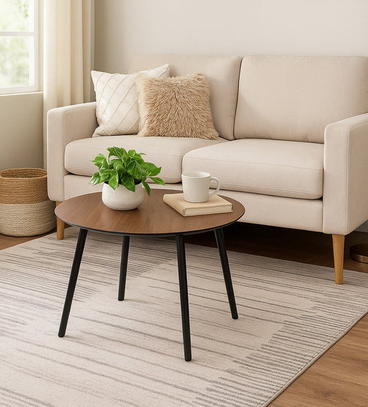 Table basse vintage Amy, plateau en placage noyer, pieds noirs