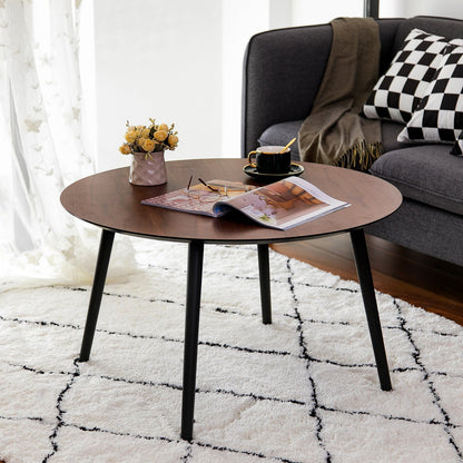 Table basse vintage Amy, plateau en placage noyer, pieds noirs