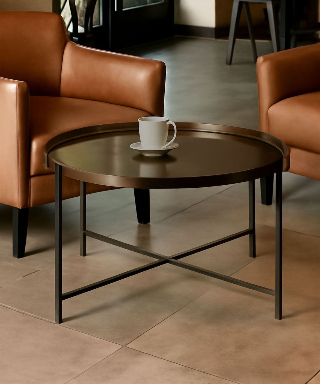 Table basse Cassia ronde en métal pliable avec plateau, bronze