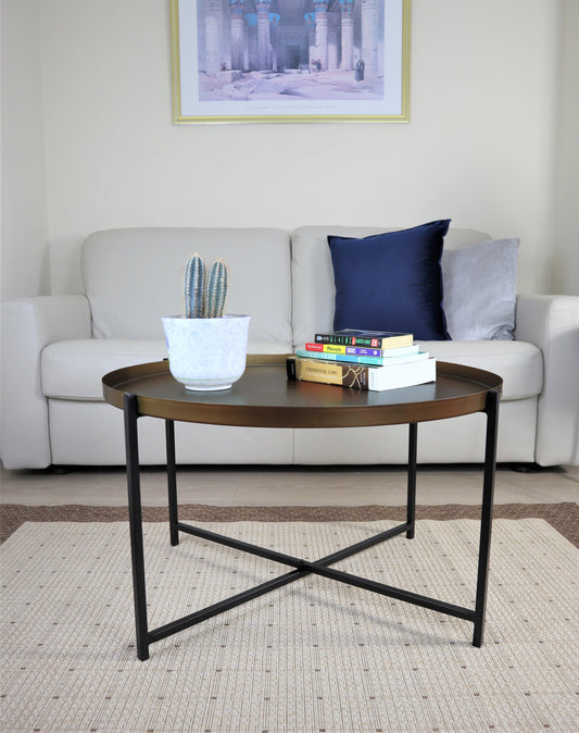Table basse Cassia ronde en métal pliable avec plateau, bronze