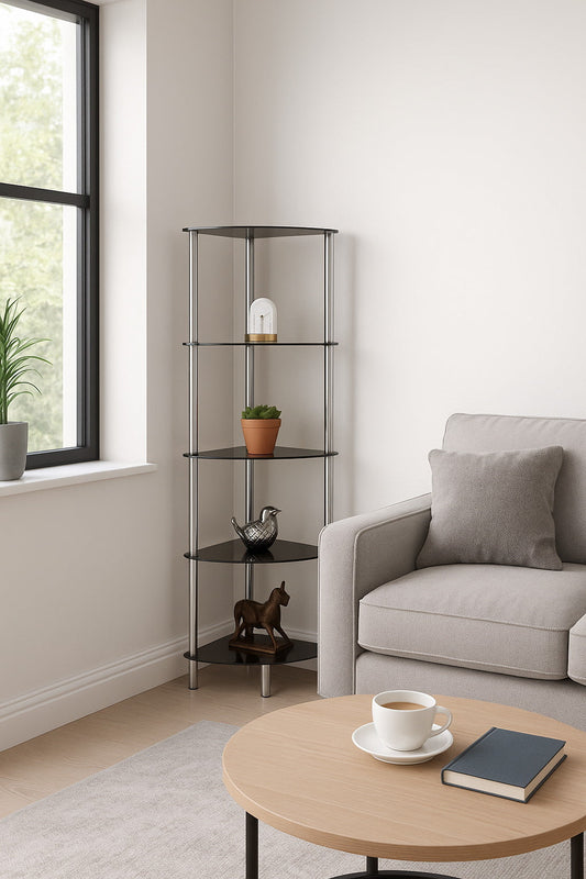 Vitrine d'angle Polo à 5 niveaux en verre noir