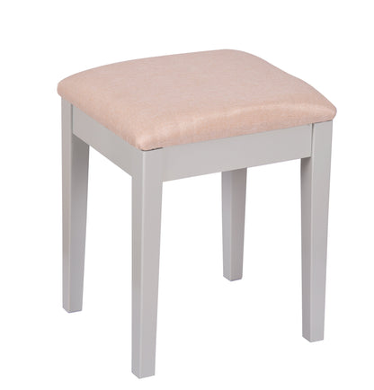 Tabouret de coiffeuse avec assise rembourrée, en bois finition grise, coussin beige