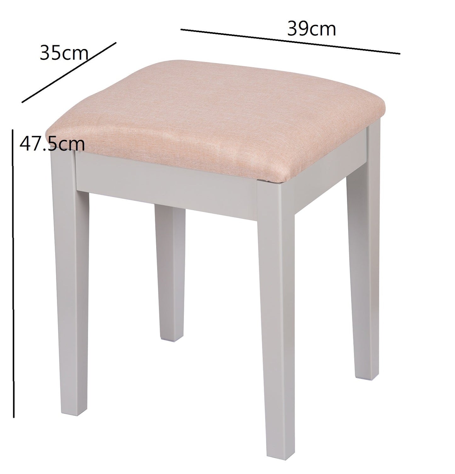 Tabouret de coiffeuse avec assise rembourrée, en bois finition grise, coussin beige