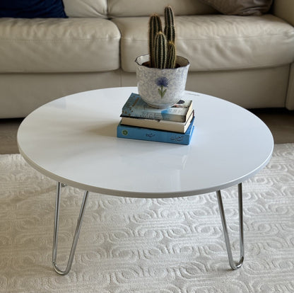 Table basse ronde Brockton en bois composite, blanc/chrome 