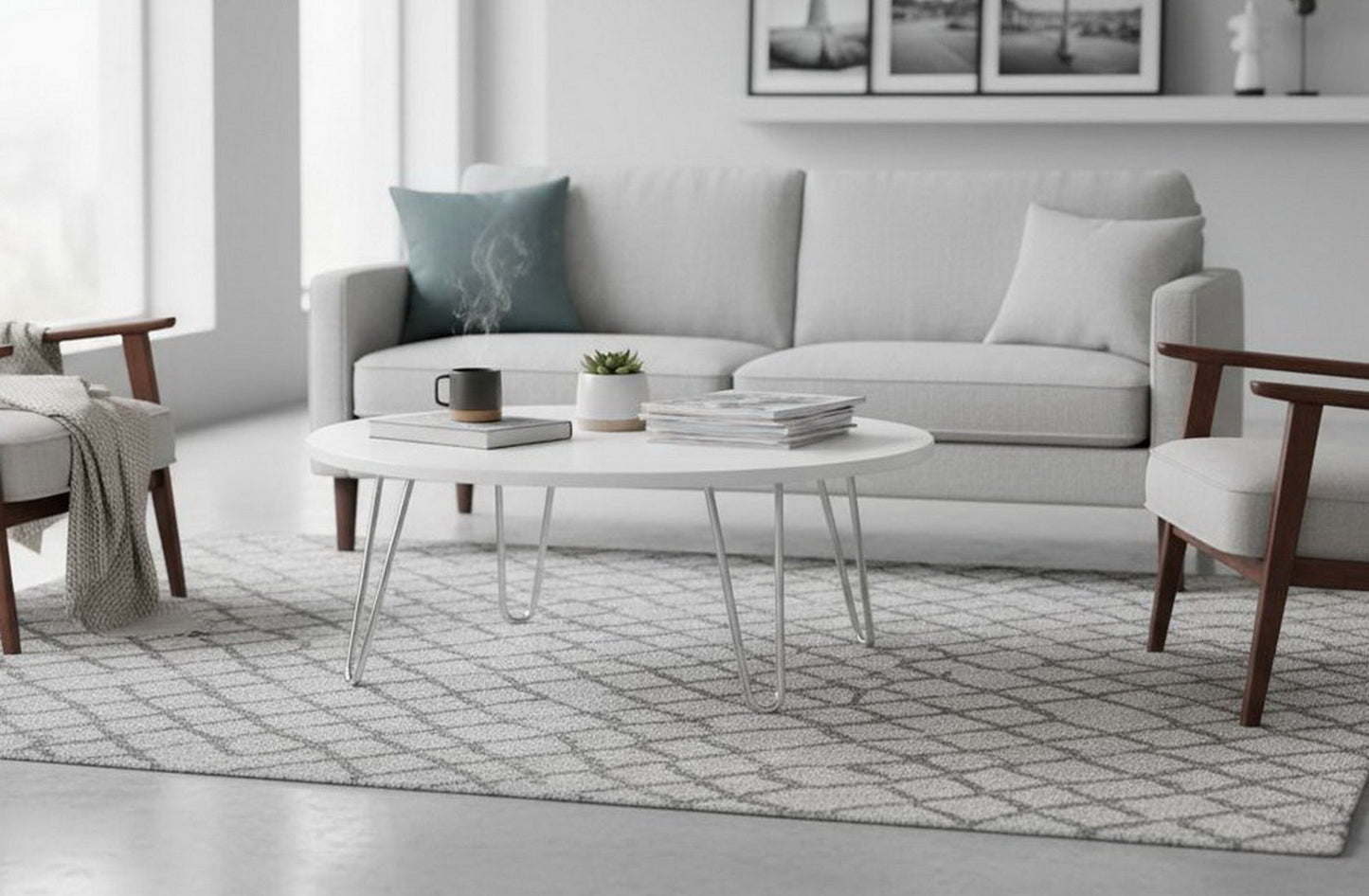 Table basse ronde Brockton en bois composite, blanc/chrome 