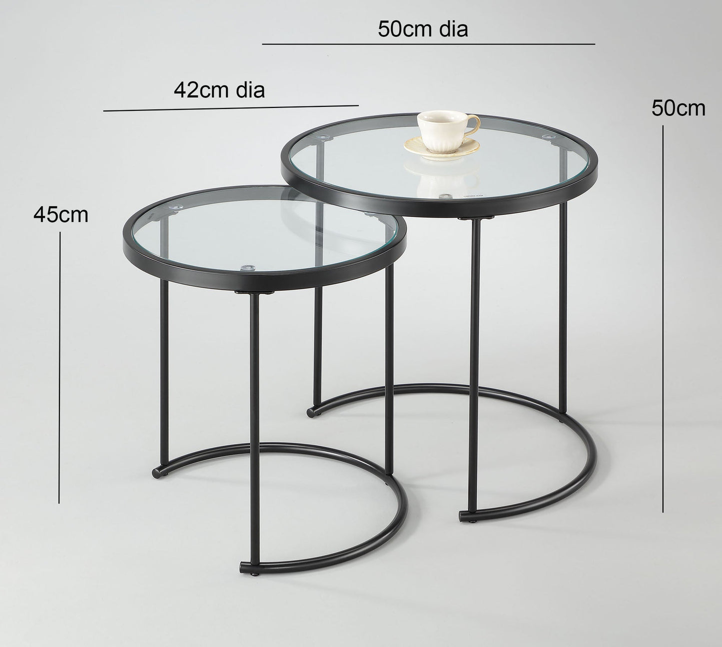 Ensemble de 2 tables gigognes rondes Visio - Plateau en verre transparent/Structure noire