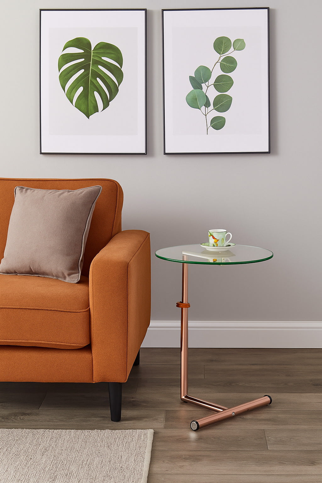 Table d'appoint/de chevet/pour ordinateur portable en verre transparent - Table ronde réglable Zen, base en cuivre