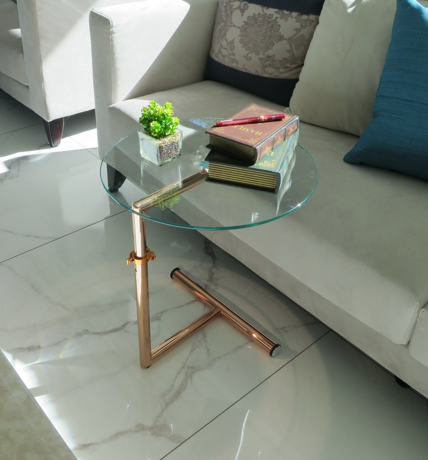 Table d'appoint/de chevet/pour ordinateur portable en verre transparent - Table ronde réglable Zen, base en cuivre