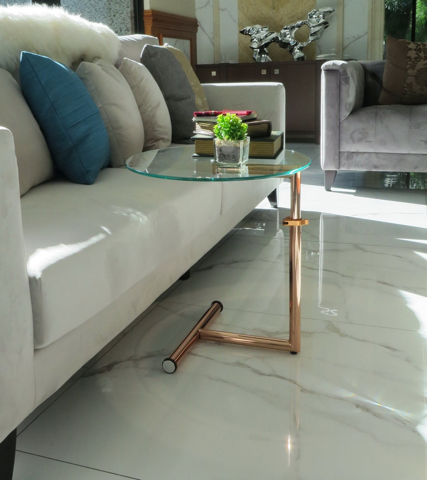 Table d'appoint/de chevet/pour ordinateur portable en verre transparent - Table ronde réglable Zen, base en cuivre