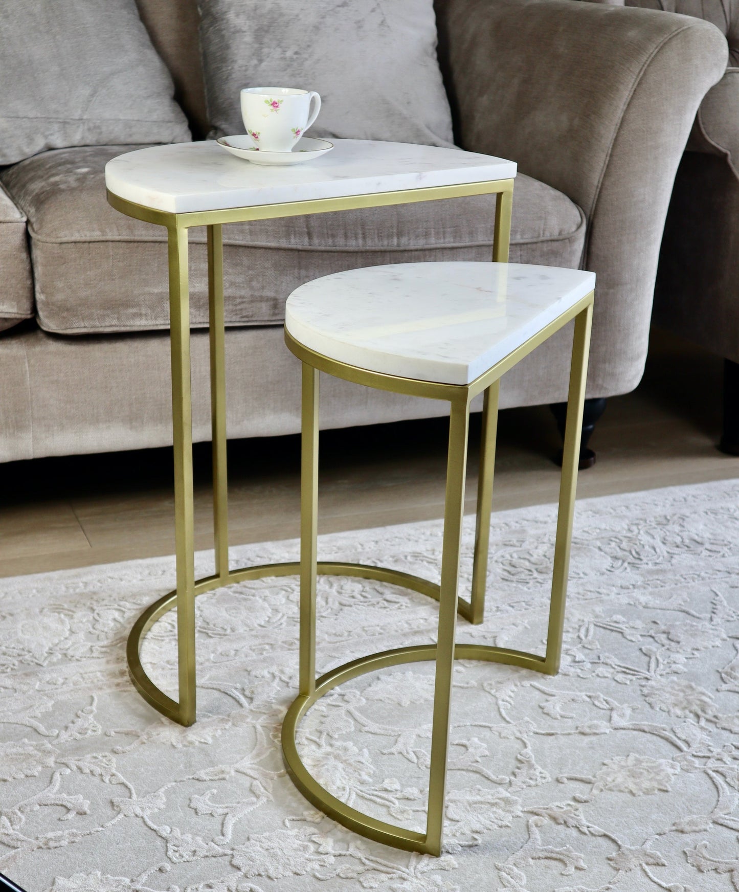 Luxore Demi-Lune Nid de 2 Tables, Marbre Blanc 