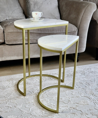 Luxore Demi-Lune Nid de 2 Tables, Marbre Blanc 