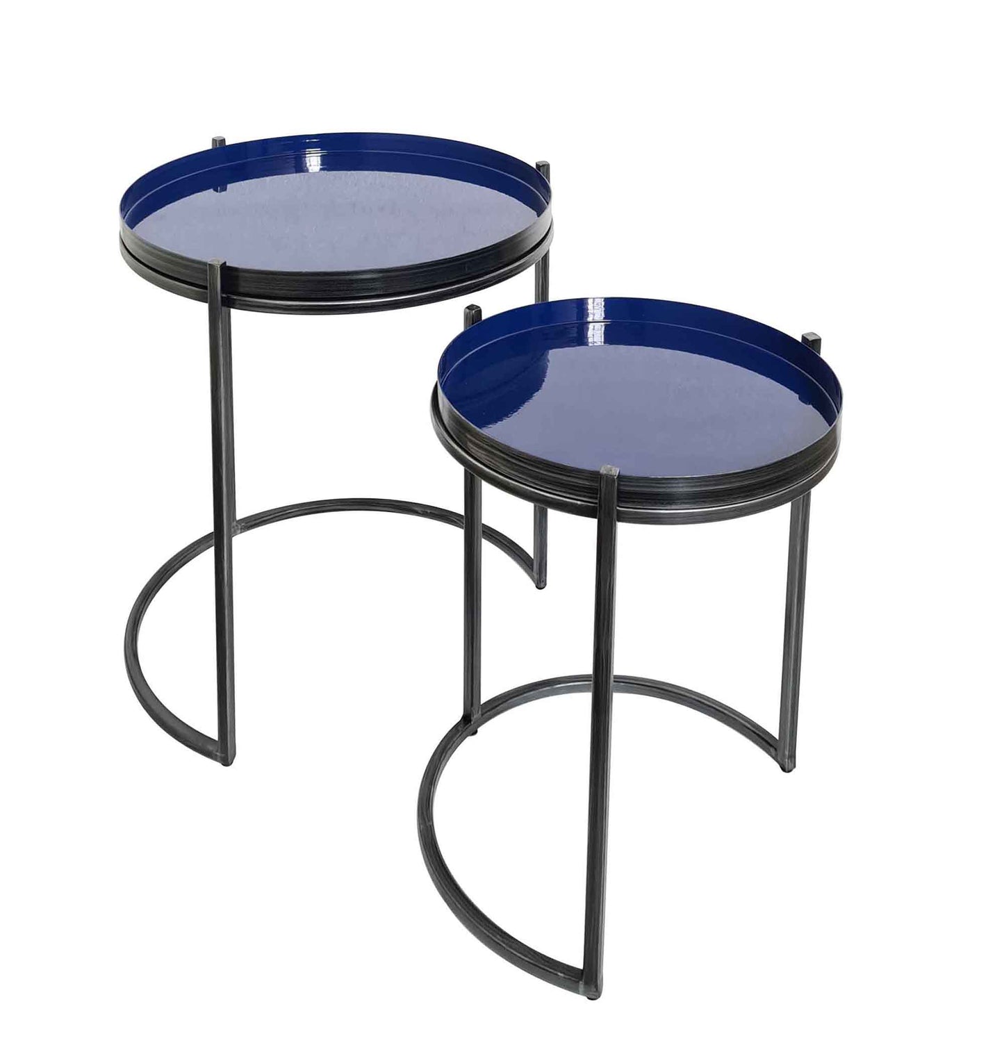 Ensemble de 2 tables gigognes Hannah avec plateau rond en métal, gris/bleu