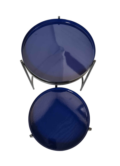 Ensemble de 2 tables gigognes Hannah avec plateau rond en métal, gris/bleu