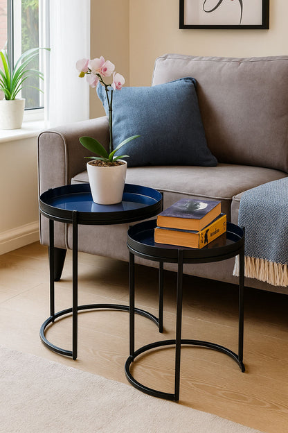 Ensemble de 2 tables gigognes Hannah avec plateau rond en métal, gris/bleu