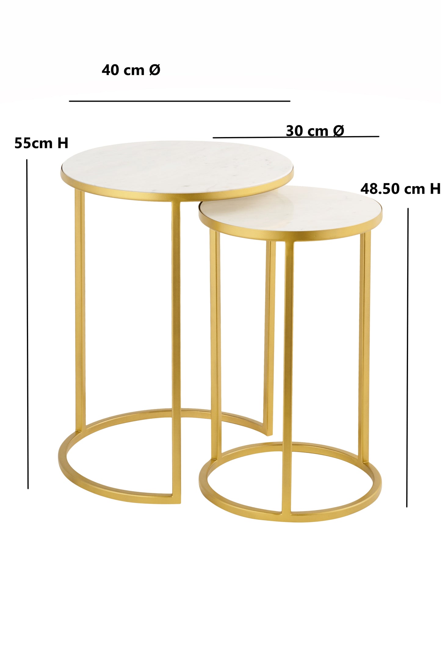 Ensemble de 2 tables gigognes rondes Monti Marble blanches avec pieds en métal doré 