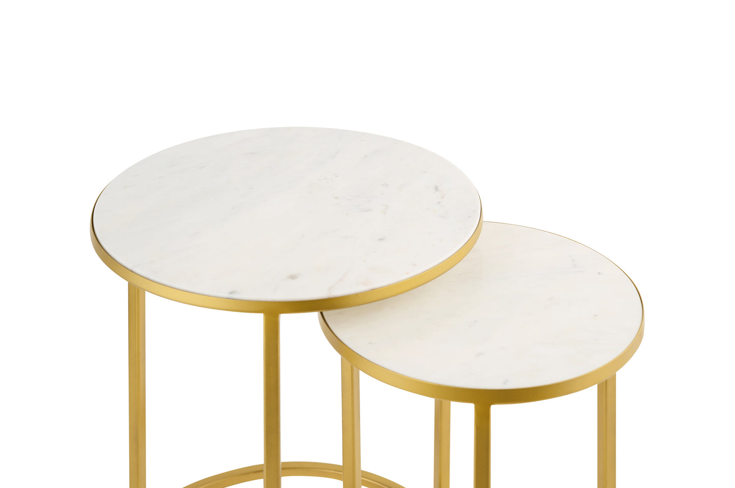 Ensemble de 2 tables gigognes rondes Monti Marble blanches avec pieds en métal doré 