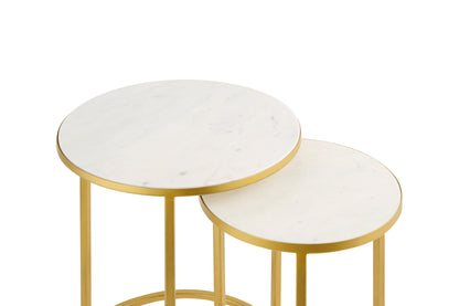 Ensemble de 2 tables gigognes rondes Monti Marble blanches avec pieds en métal doré 