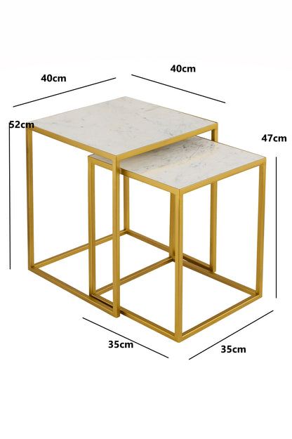 Ensemble de 2 tables gigognes Marche Marble blanches avec pieds en métal doré 