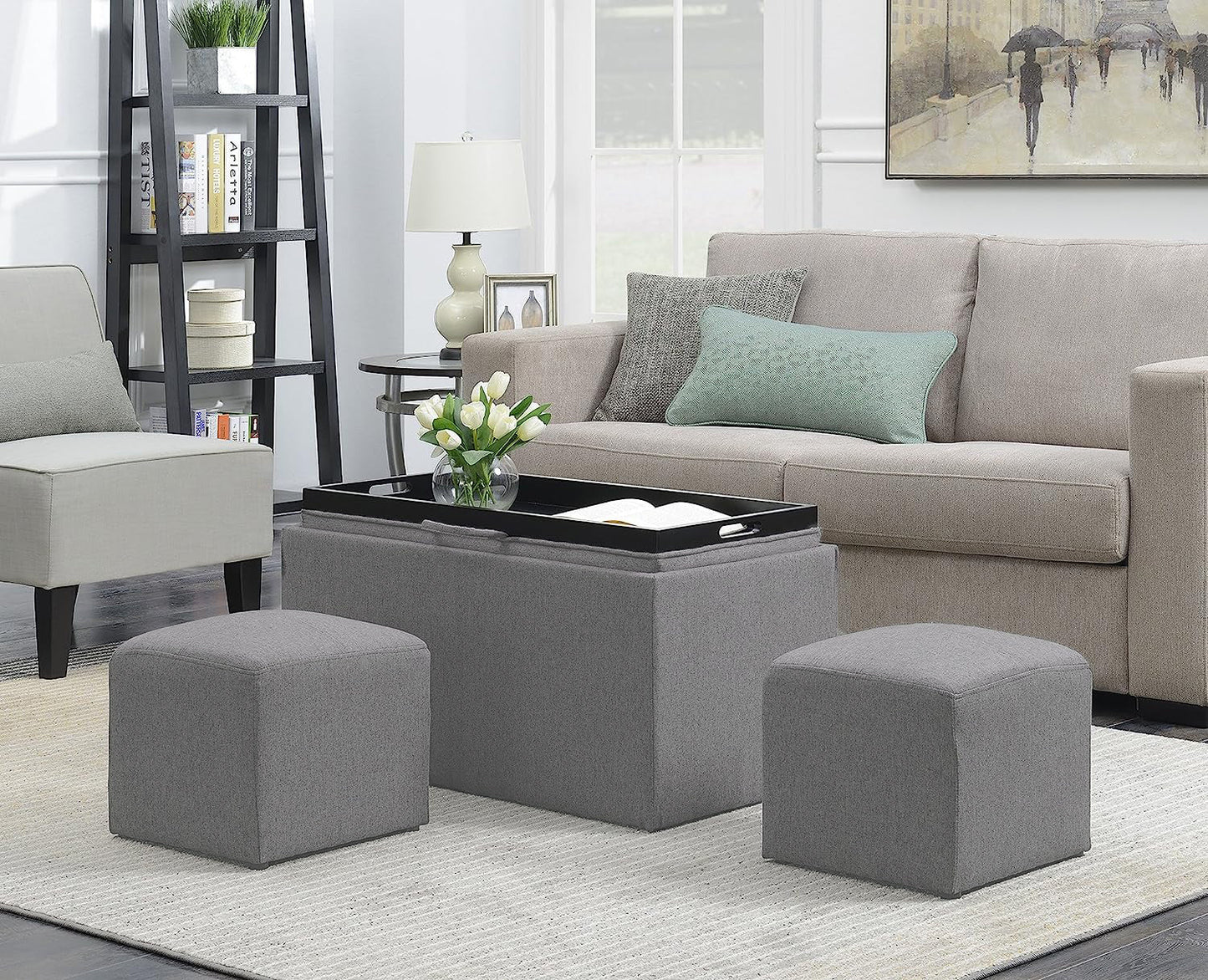 Banc de rangement Carey avec 2 poufs latéraux, gris 