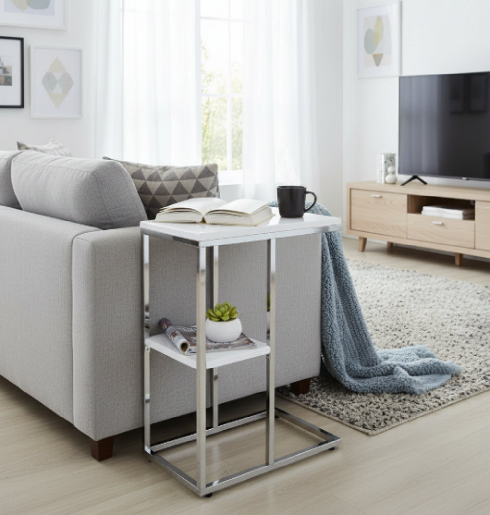 Table d'appoint Bellini en forme de C avec étagère - Blanche 