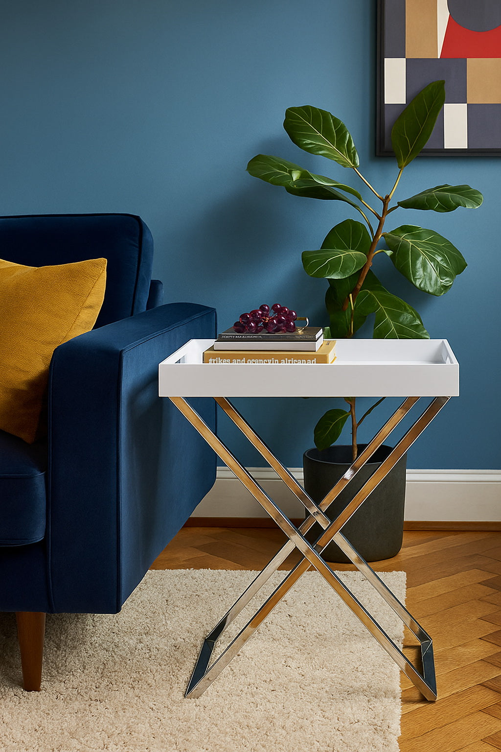 Table de majordome/plateau de service pliable et détachable Hopkins, style hôtel, blanc/argent 