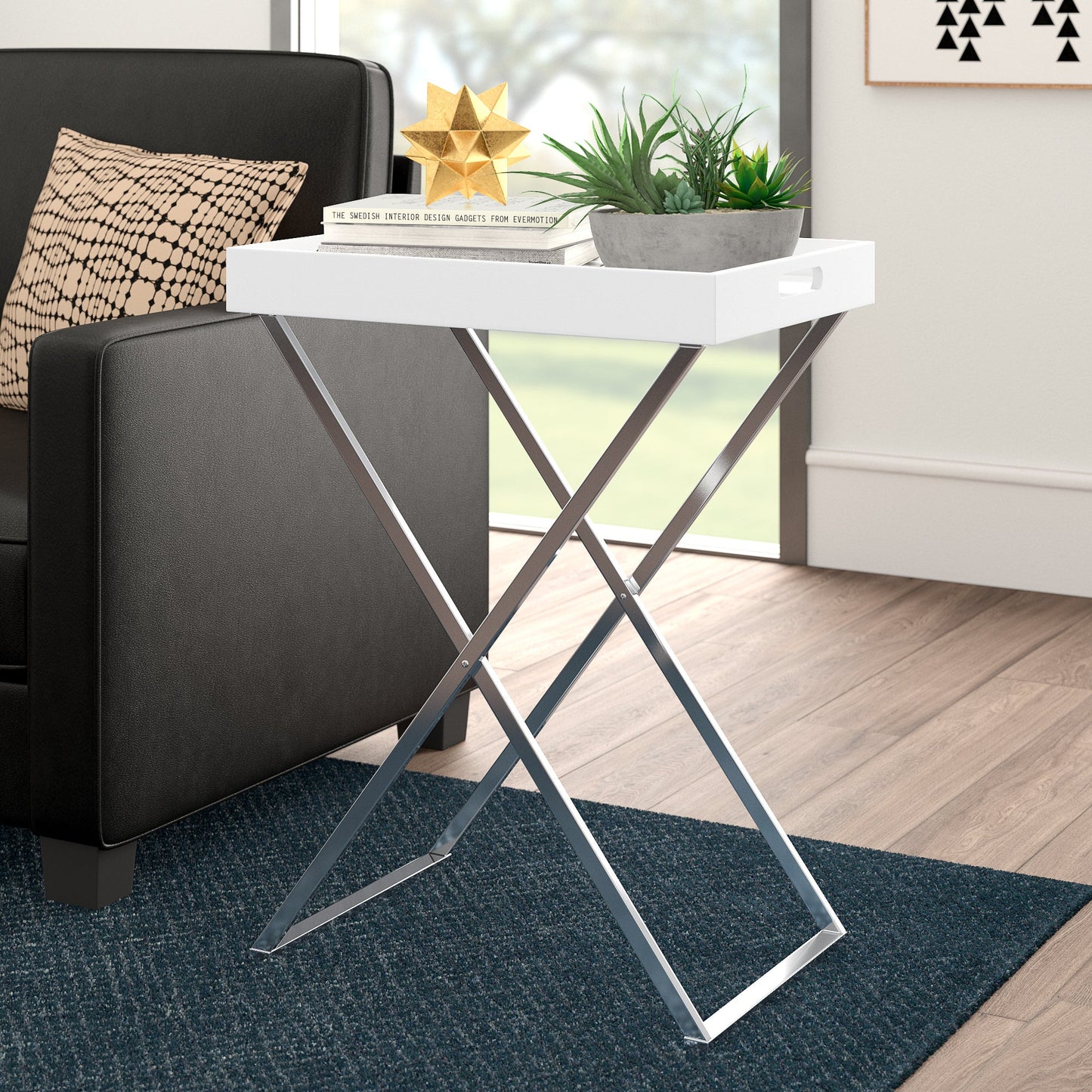 Table de majordome/plateau de service pliable et détachable Hopkins, style hôtel, blanc/argent 