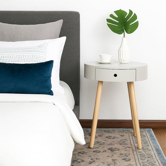 Table de chevet/lampe ronde Mona avec un tiroir (Gris, 45 cm de diamètre x 57,5 ​​cm de hauteur) 