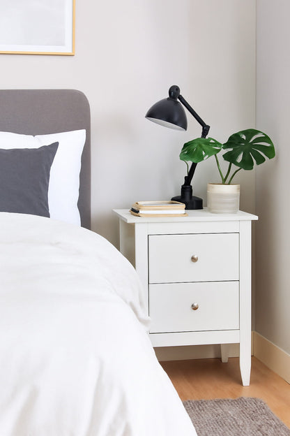 Table de chevet Melia, table de nuit, lampe de chevet pour chambre (blanche, 2 tiroirs)