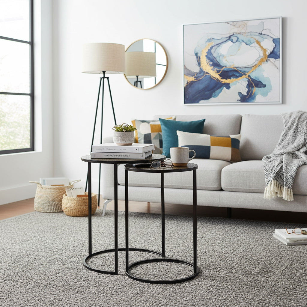 Ensemble de 2 tables gigognes Hiba, plateau à motif nid d'abeille, laiton antique