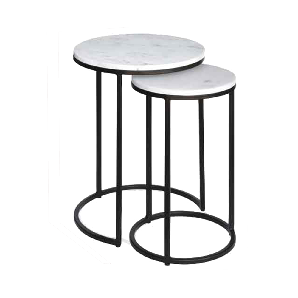 Ensemble de tables gigognes Hiba en marbre blanc avec pieds en métal noir 