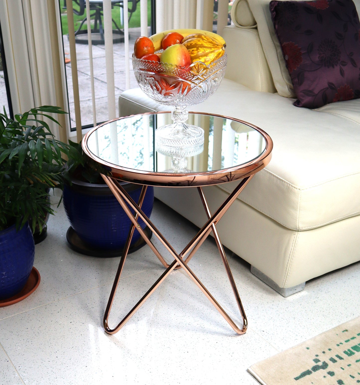 Table d'appoint/table basse ronde en verre Porto (cuivre/miroir)