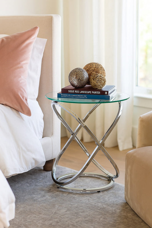 Table basse/d'appoint ronde Monarch en verre transparent avec piètement chromé