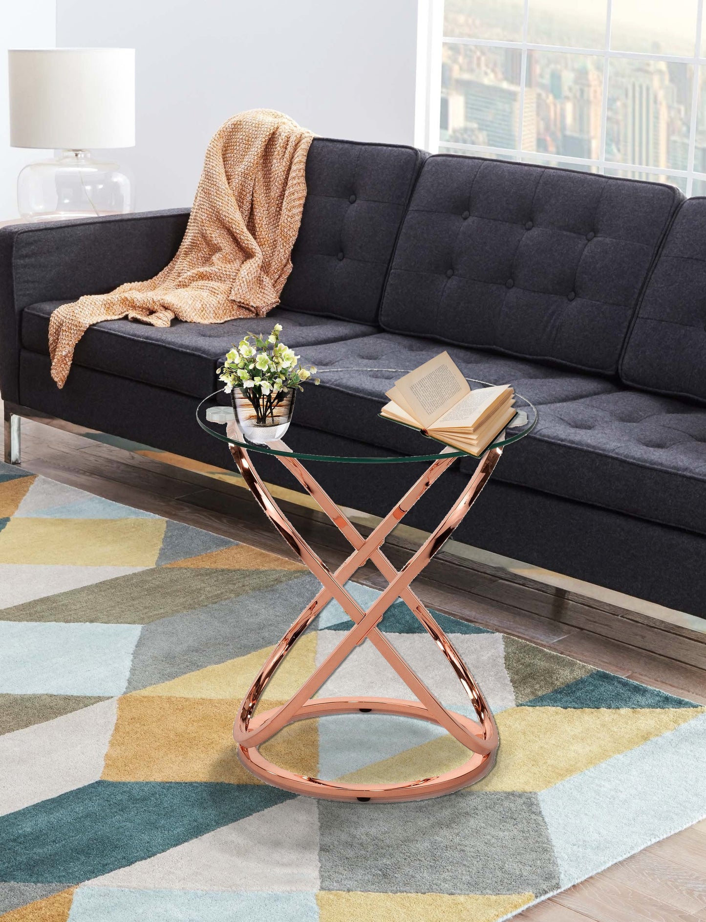 Table basse/d'appoint ronde Monarch en verre transparent avec piètement en cuivre